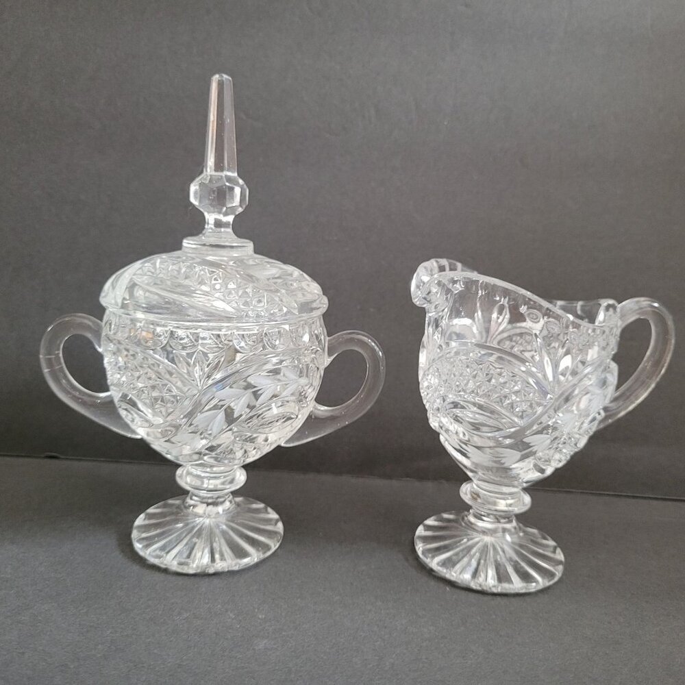 Vintage Crystal Sugar & Creamer Set With Etched Floral Design